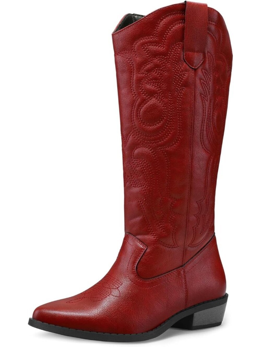 Women's Red Cowboy Boots Mid Calf Western Embroidered Pointed Toe Chunky Heel